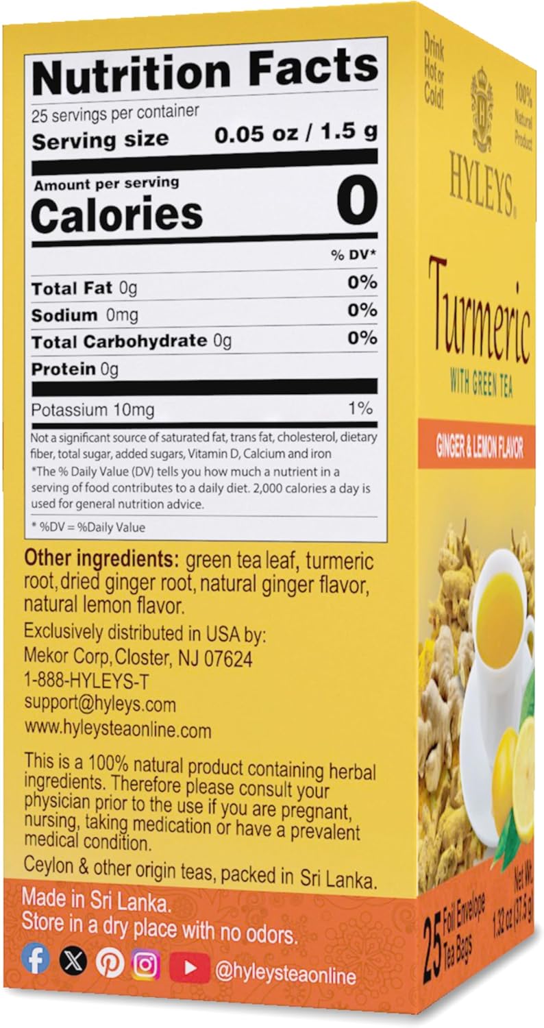 Hyleys Ginger Turmeric Tea with Green Tea - 25 Tea Bags - Image 2